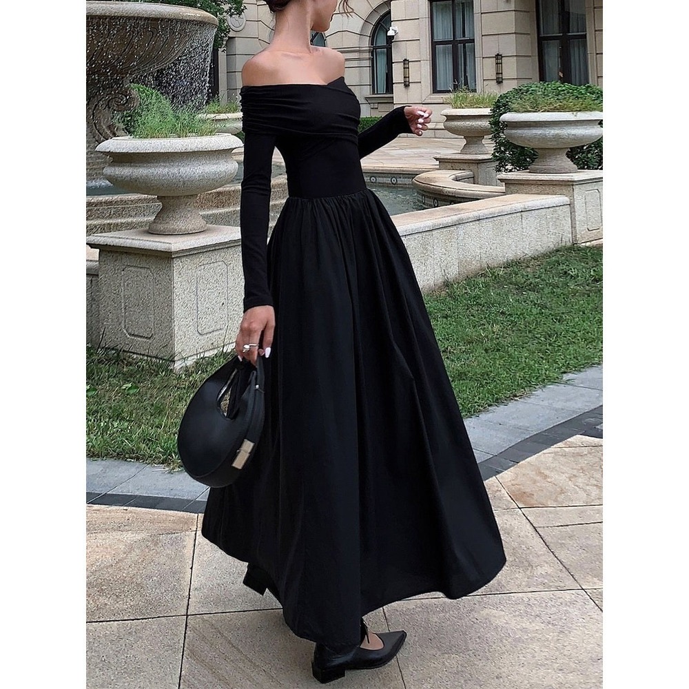 Commense Elegant Off Shoulder Black Maxi Dress with Pockets – Long Sleeve XL